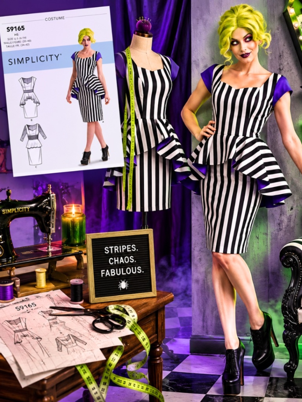 NEW Simplicity S9165 Beetlejuice Inspired Costume Sewing Pattern Size 6-14